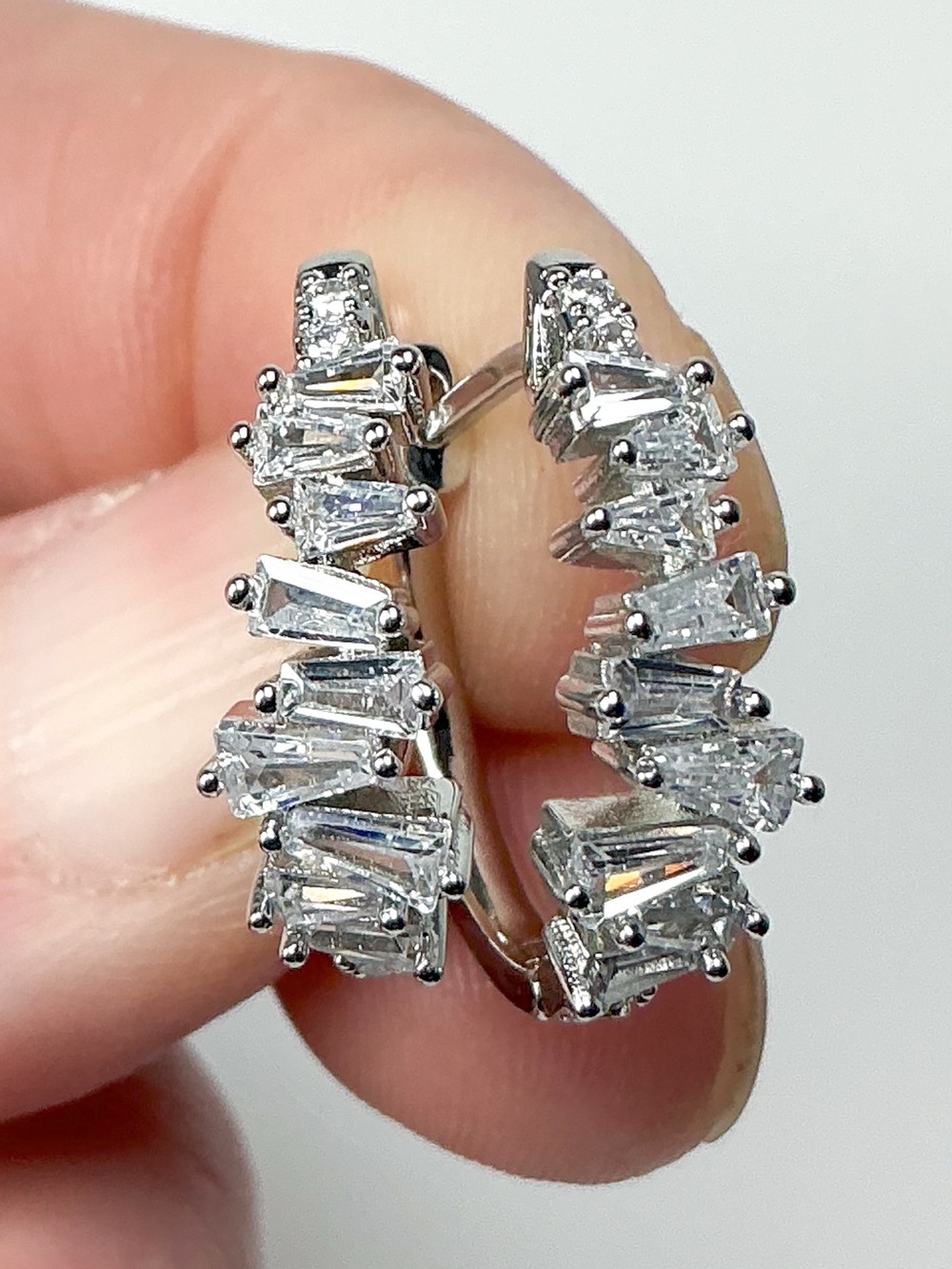 Tapered Baguette Cz C Hoop Earrings - Picture 2 of 9